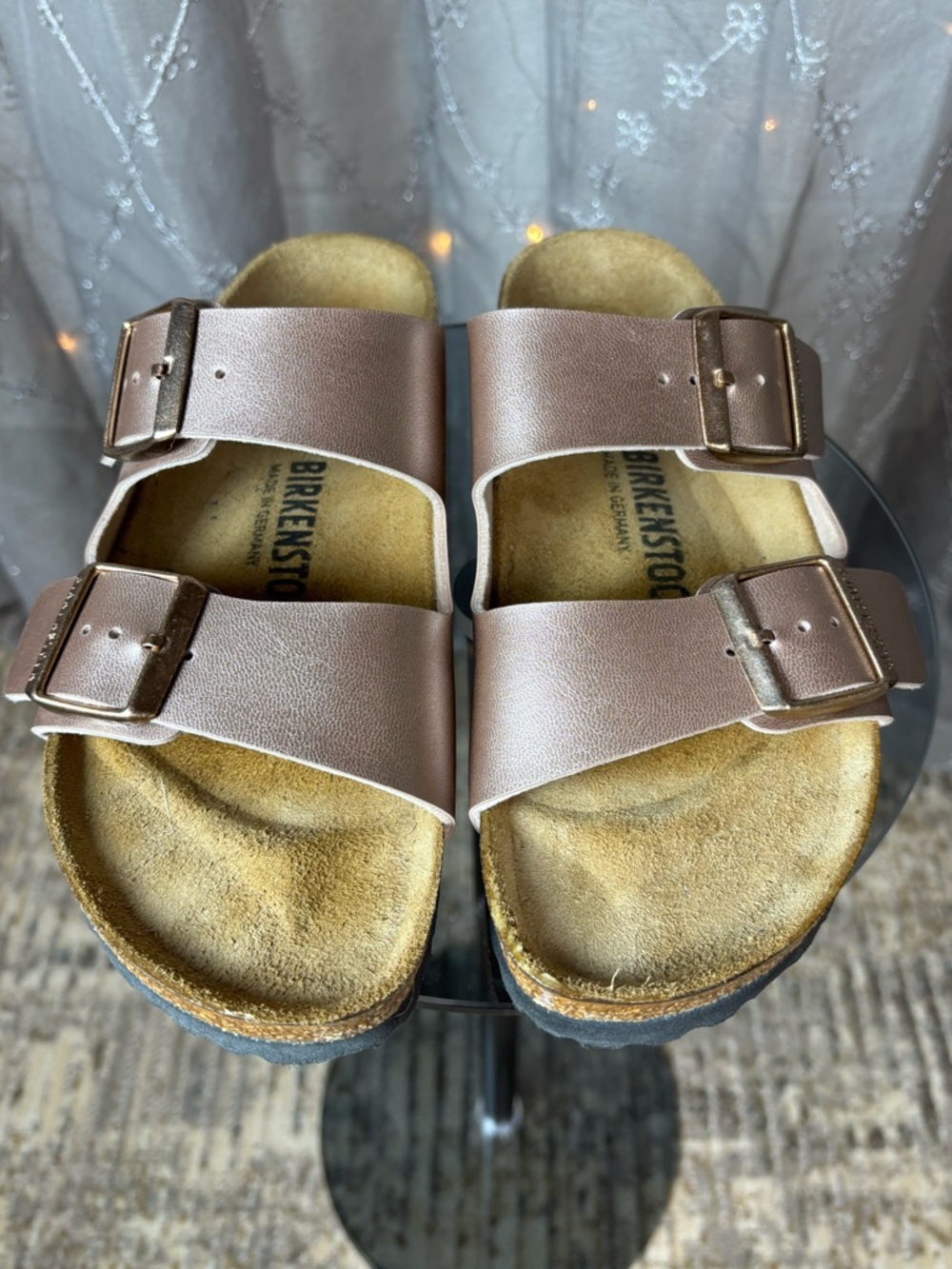 Birkenstock Arizona Sandals in Metallic Rose Gold